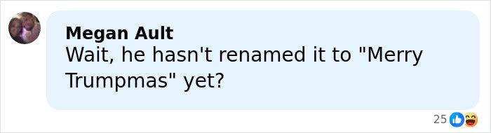 User comment screenshot showing sarcastic remark about renaming Christmas to Merry Trumpmas, part of backlash on Melania and Donald Trump's Christmas card.