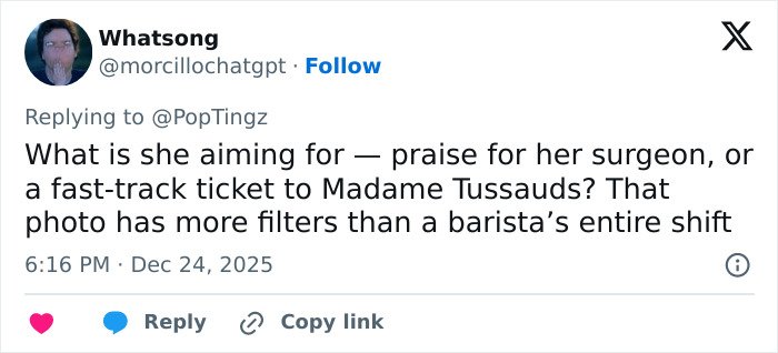 Social media user commenting on Madonna’s holiday lingerie photoshoot and the heavy photo editing effects.