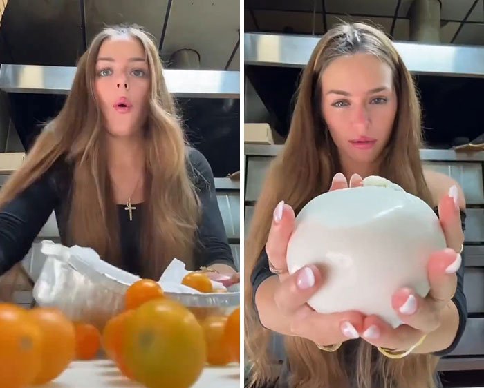 21-year-old pizza maker with long hair holding dough and preparing ingredients in an industrial kitchen setting.