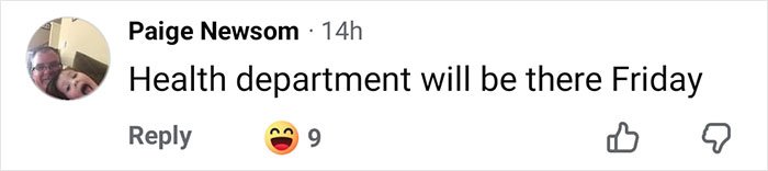 Comment on social media about health department arriving Friday, showing a smiling reaction emoji and 9 likes.