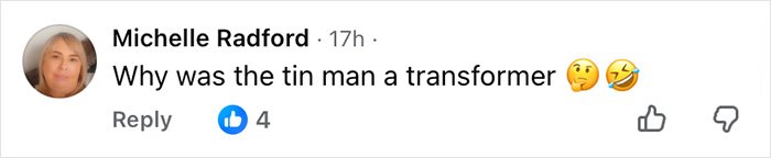 Comment from Michelle Radford questioning why the Tin Man was a transformer, relating to Wizard Of Oz performance outrage.