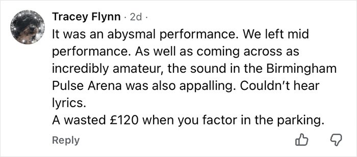 Audience member criticizes Wizard Of Oz performance as amateur, with poor sound, causing many to walk out in frustration.
