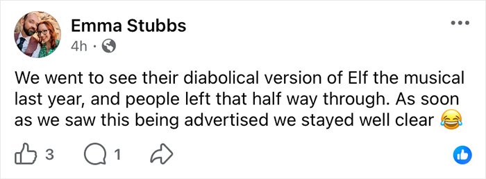 Social media post sharing a negative reaction to a Wizard of Oz performance that outraged the audience.