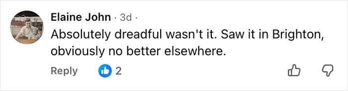 Audience comment expressing outrage over Wizard Of Oz performance, describing it as dreadful and disappointing.
