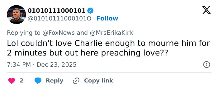 Screenshot of a social media post accusing Erika Kirk of cashing in on tragedy with a Christmas message promoting Charlie Kirk&rsquo;s book.