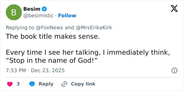 Tweet criticizing Erika Kirk for promoting Charlie Kirk&rsquo;s book with a message seen as cashing in on tragedy.