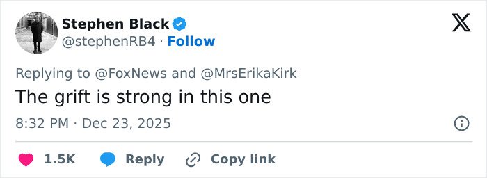 Tweet by Stephen Black criticizing Erika Kirk for promoting Charlie Kirk&rsquo;s book, calling it a strong grift.