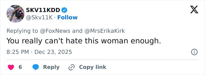 Tweet screenshot showing a user criticizing Erika Kirk amid accusations related to promoting Charlie Kirk&rsquo;s book.