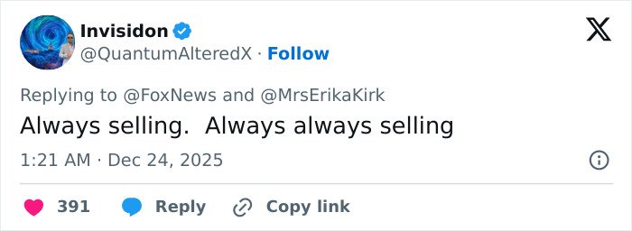 Tweet criticizing Erika Kirk for promoting Charlie Kirk&rsquo;s book, highlighting accusations of cashing in on tragedy.