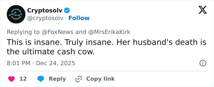 Tweet criticizing Erika Kirk for allegedly cashing in on tragedy with a Christmas message promoting Charlie Kirk&rsquo;s book.