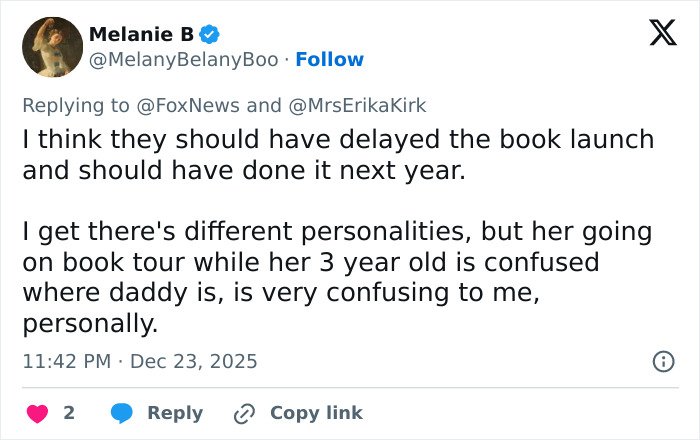 Tweet criticizing Erika Kirk for promoting Charlie Kirk&rsquo;s book during family hardship amid Christmas message controversy.