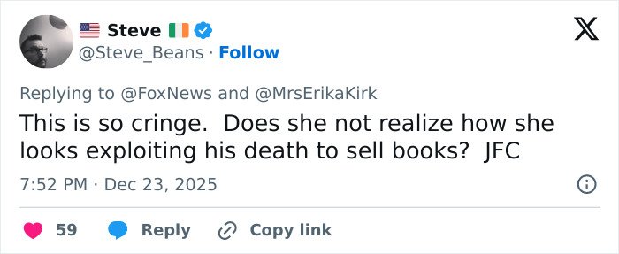 Screenshot of a tweet criticizing Erika Kirk for allegedly exploiting tragedy to promote Charlie Kirk&rsquo;s book.