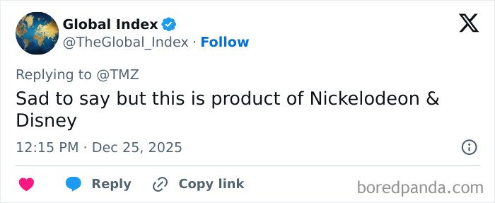 Tweet from Global Index replying to TMZ, referencing Nickelodeon and Disney, discussing the dad of Nickelodeon star Tylor Chase.