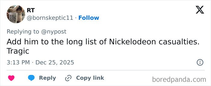 Twitter reply about Nickelodeon casualties, expressing sadness related to dad of Nickelodeon star Tylor Chase's health update.