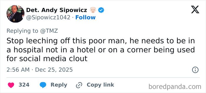 Screenshot of a tweet discussing the dad of Nickelodeon star Tylor Chase and his sad health update on the streets.