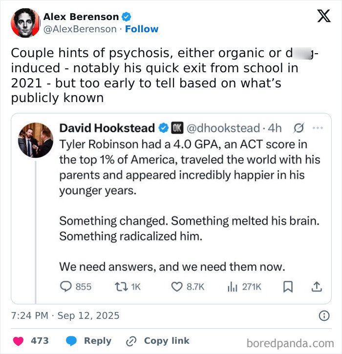 Tweet about Tyler Robinson’s academic success and sudden radical change, related to dad of Nickelodeon star Tylor Chase on the streets.
