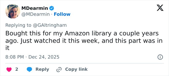 Tweet from a user discussing Amazon Prime cutting a crucial scene from a beloved Christmas classic.