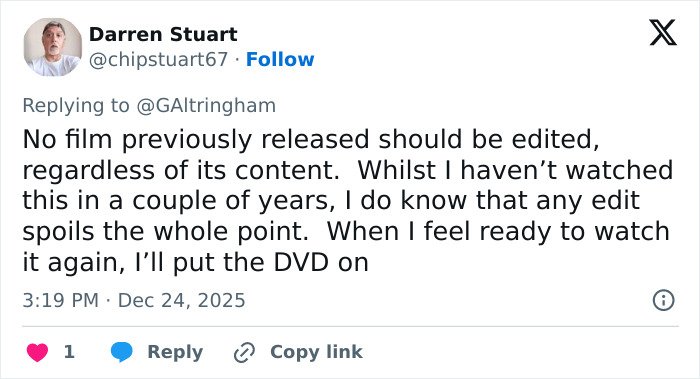 Screenshot of a tweet criticizing Amazon Prime for cutting a crucial scene from a beloved Christmas classic film.