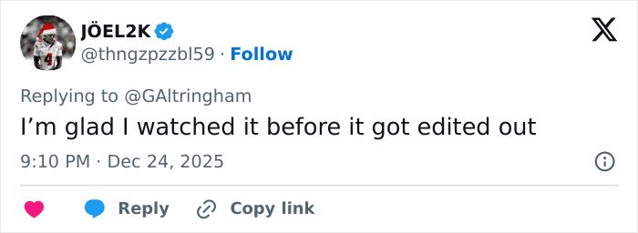 User expressing relief on social media about watching a crucial scene before Amazon Prime's cut from a Christmas classic.