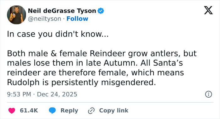Screenshot of Neil deGrasse Tyson&rsquo;s tweet explaining the gender of Santa&rsquo;s reindeer Rudolph and related facts.
