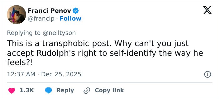 Tweet criticizing Neil deGrasse Tyson&rsquo;s explanation of Rudolph&rsquo;s gender, sparking internet debate on reindeer identity.