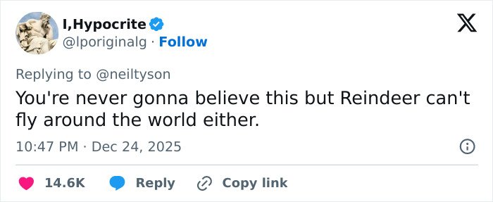 Screenshot of a tweet discussing the gender of Santa&rsquo;s reindeer Rudolph and reindeer&rsquo;s ability to fly.