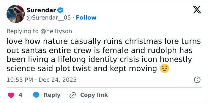 Tweet about the gender of Santa&rsquo;s reindeer Rudolph sparking internet reactions and discussions on science and Christmas lore.