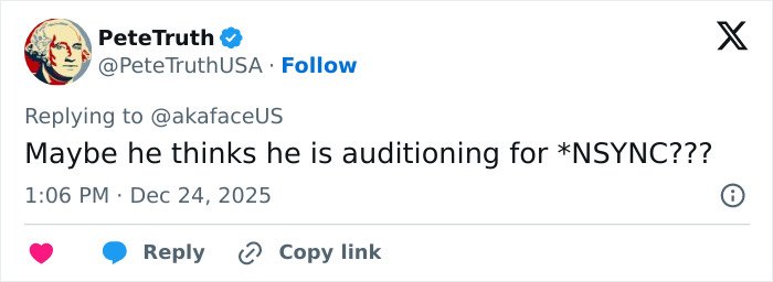 Tweet from user PeteTruthUSA joking about Machine Gun Kelly’s boy band dancing, comparing it to auditioning for NSYNC.