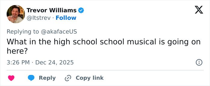 Tweet from Trevor Williams reacting to Machine Gun Kelly's boy band dancing going viral with confusion and humor.