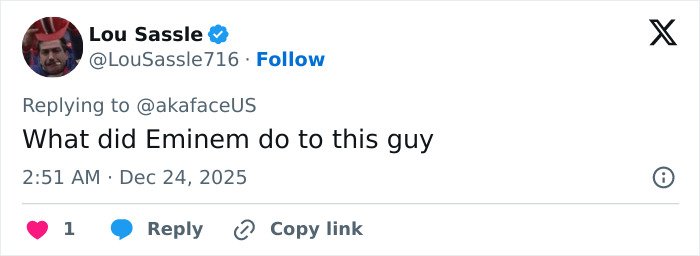 Twitter user Lou Sassle replying humorously to a post with text about Eminem and Machine Gun Kelly's boy band dancing.