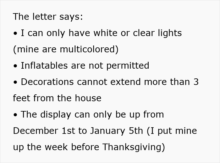 Alt text: Excerpt of HOA letter listing restrictions on Christmas decorations including lights, inflatables, and display dates.