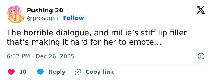 Tweet criticizing Millie Bobby Brown’s lip filler and dialogue, sparking fans to zoom in on Stranger Things viral shot.