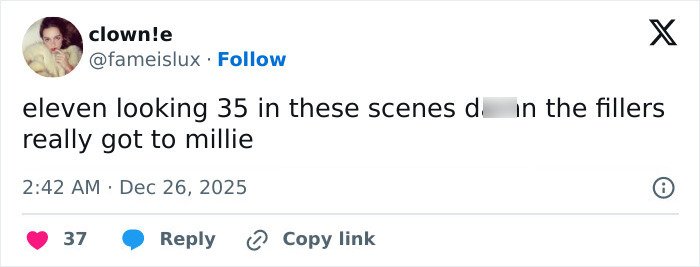 Tweet highlighting fans zooming in on Millie Bobby Brown in a viral Stranger Things scene discussing her mature look.