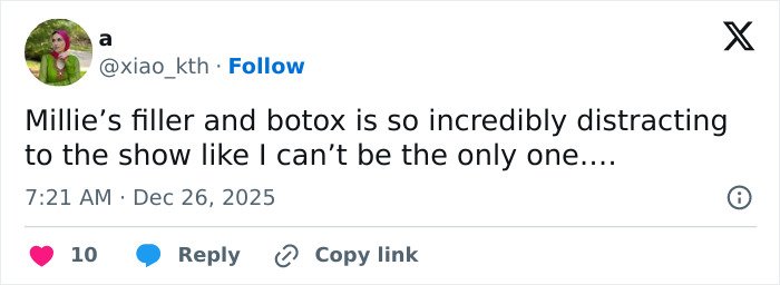 Tweet text from user @xiao_kth expressing distraction caused by Millie Bobby Brown’s filler and botox in a viral Stranger Things shot.