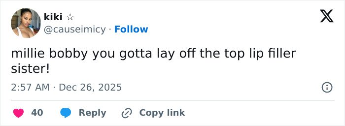 Fan tweet reacting to Millie Bobby Brown with a viral Stranger Things shot sparking online attention and discussion.