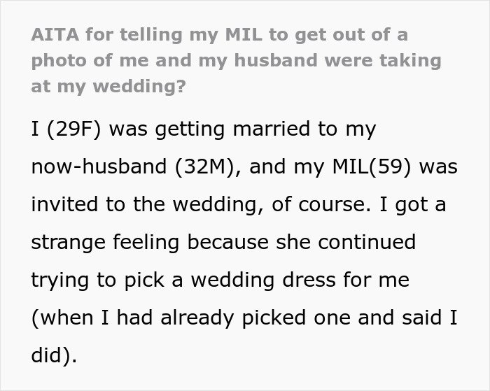Mother-in-law insists on wearing a white dress to son's wedding, causing conflict with the bride over photos.
