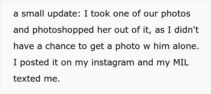 Text excerpt from a story about a MIL wearing white to her son’s wedding and being excluded from photos by the bride.