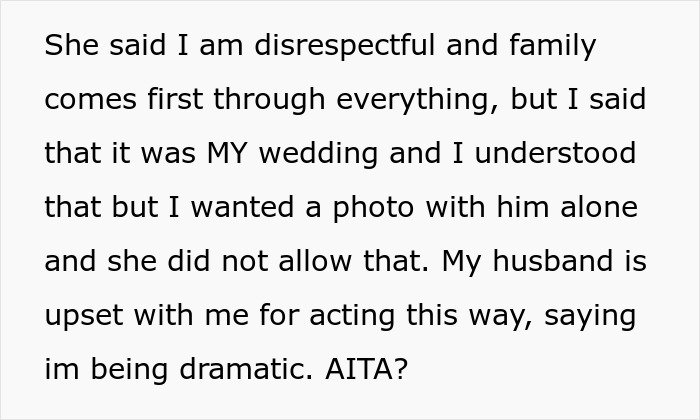 Text post discussing MIL deciding to wear a white dress for son's wedding, causing conflict over wedding photos.