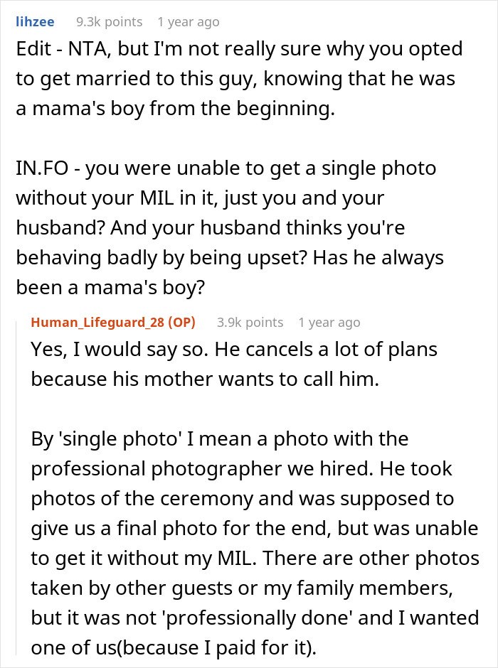 Reddit conversation discussing a mother-in-law wearing a white dress at her son's wedding and bride's reaction.