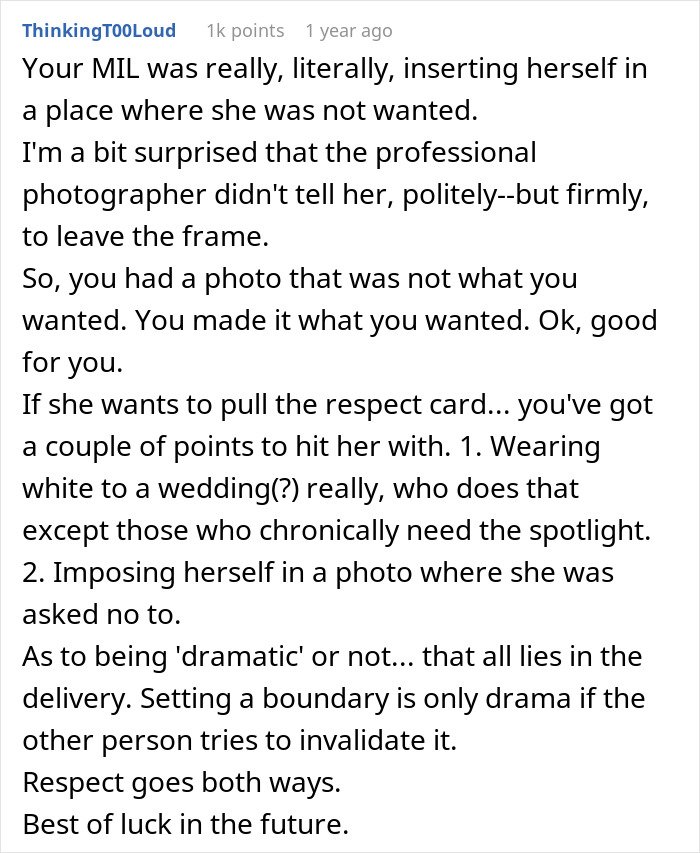 Comment discussing a mother-in-law wearing a white dress at son's wedding and the bride’s reaction to photos.