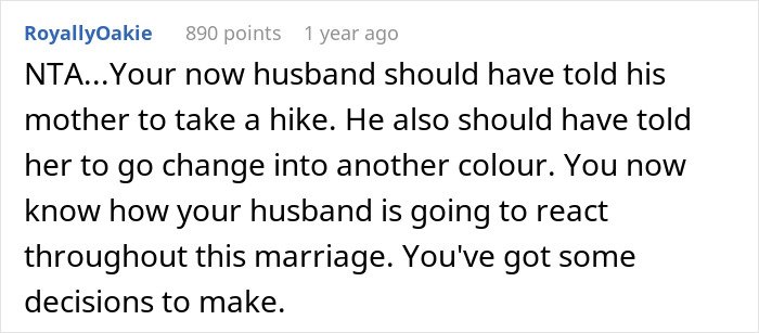 Text post from Reddit discussing a mother-in-law wearing a white dress to her son's wedding causing conflict with the bride.