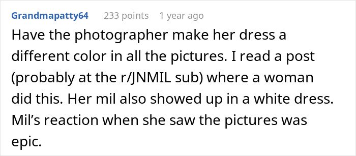 Comment discussing MIL wearing a white dress to a son's wedding and bride’s reaction to photos with her.