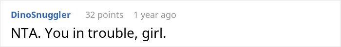 Screenshot of a Reddit comment saying "NTA. You in trouble, girl," related to a MIL choosing a white dress for son's wedding.