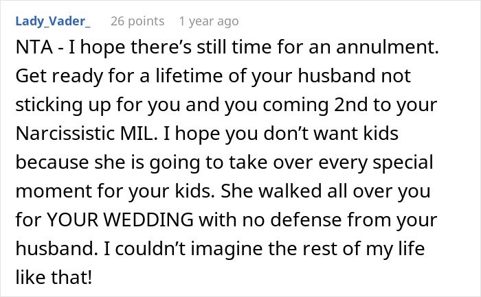 Comment discussing dramatic conflict between MIL choosing a white dress for son's wedding and bride rejecting her in photos.