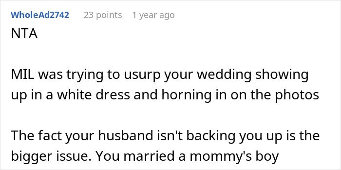 MIL decides to wear a white dress to son's wedding, shocking bride who refuses to include her in photos.
