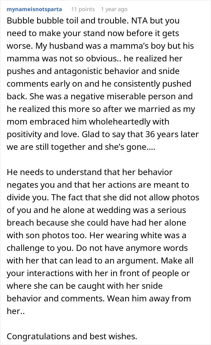Comment advising on a mother-in-law wearing a white dress at son's wedding and the bride’s reaction to photos.