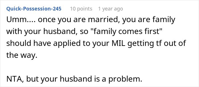Screenshot of a forum comment discussing a mother-in-law wearing a white dress to her son's wedding causing tension with the bride.