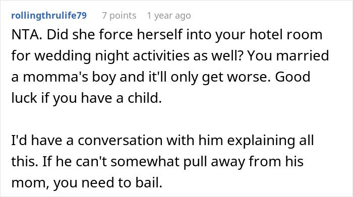 Screenshot of a Reddit comment discussing a mother-in-law wearing a white dress to her son’s wedding causing conflict.