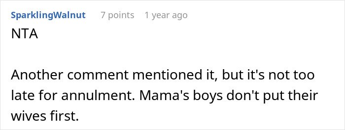Screenshot of a comment discussing MIL choosing a white dress for son's wedding and bride refusing photos.
