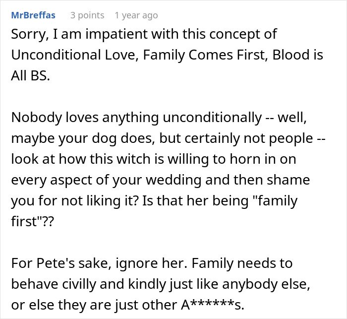 Comment discussing a mother-in-law deciding on a white dress for son's wedding and bride's reaction to photos.